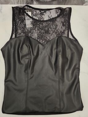 Express Black Faux Leather & Lace Thong Bodysuit NWT Small